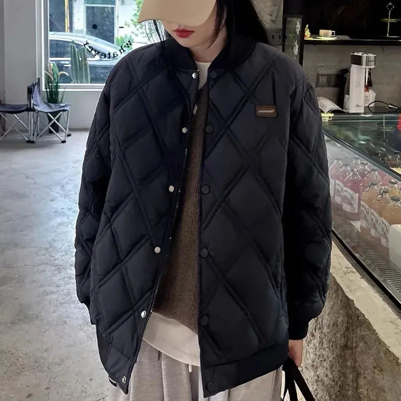 2025New Winter Cotton-Padded Jacket Women Fashion Designed Sense Rhombic Baseball Outwear Puffer Coat Thin Parka Coat Female Top
