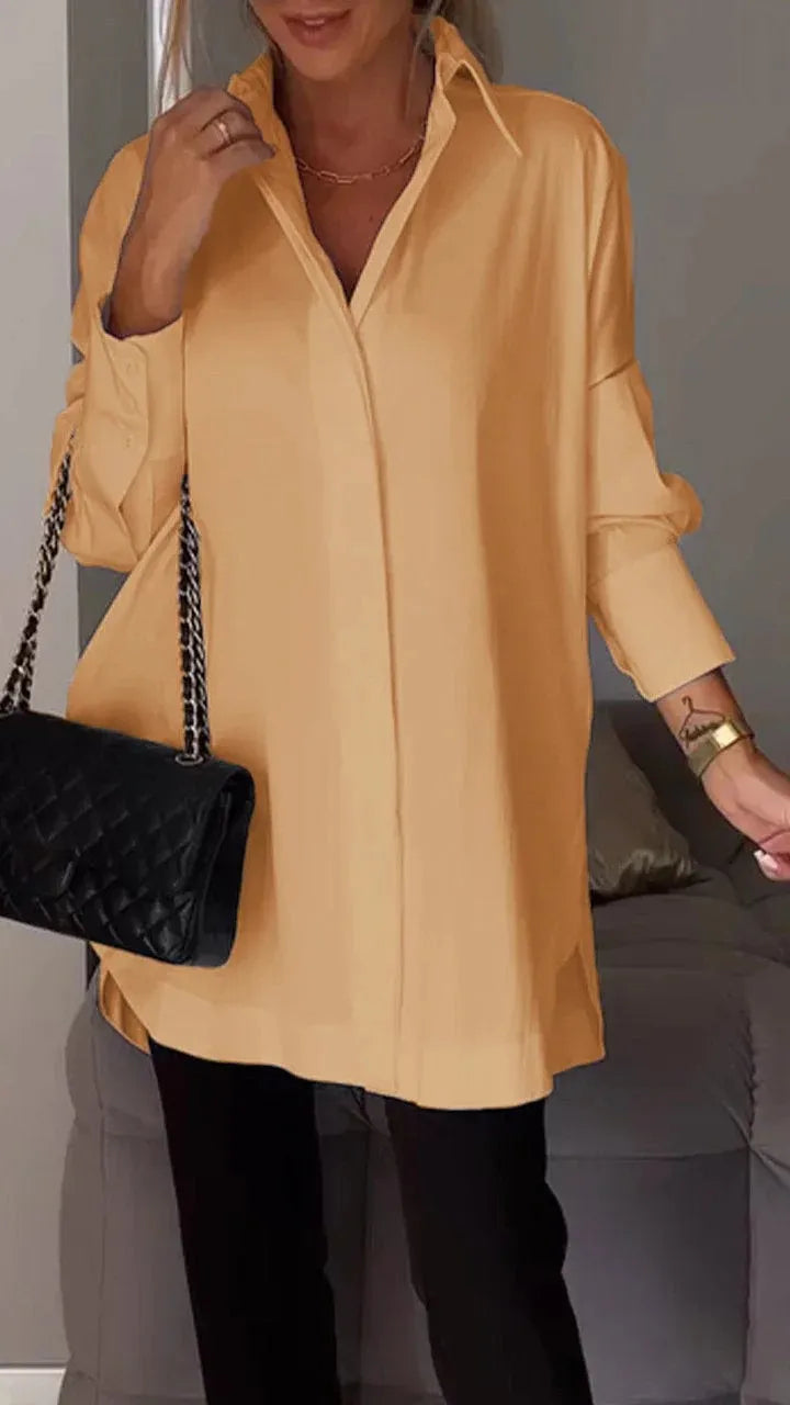 Women’s Loose Button Blouse – Summer Long Sleeve Shirt with Turn Down Collar Tops