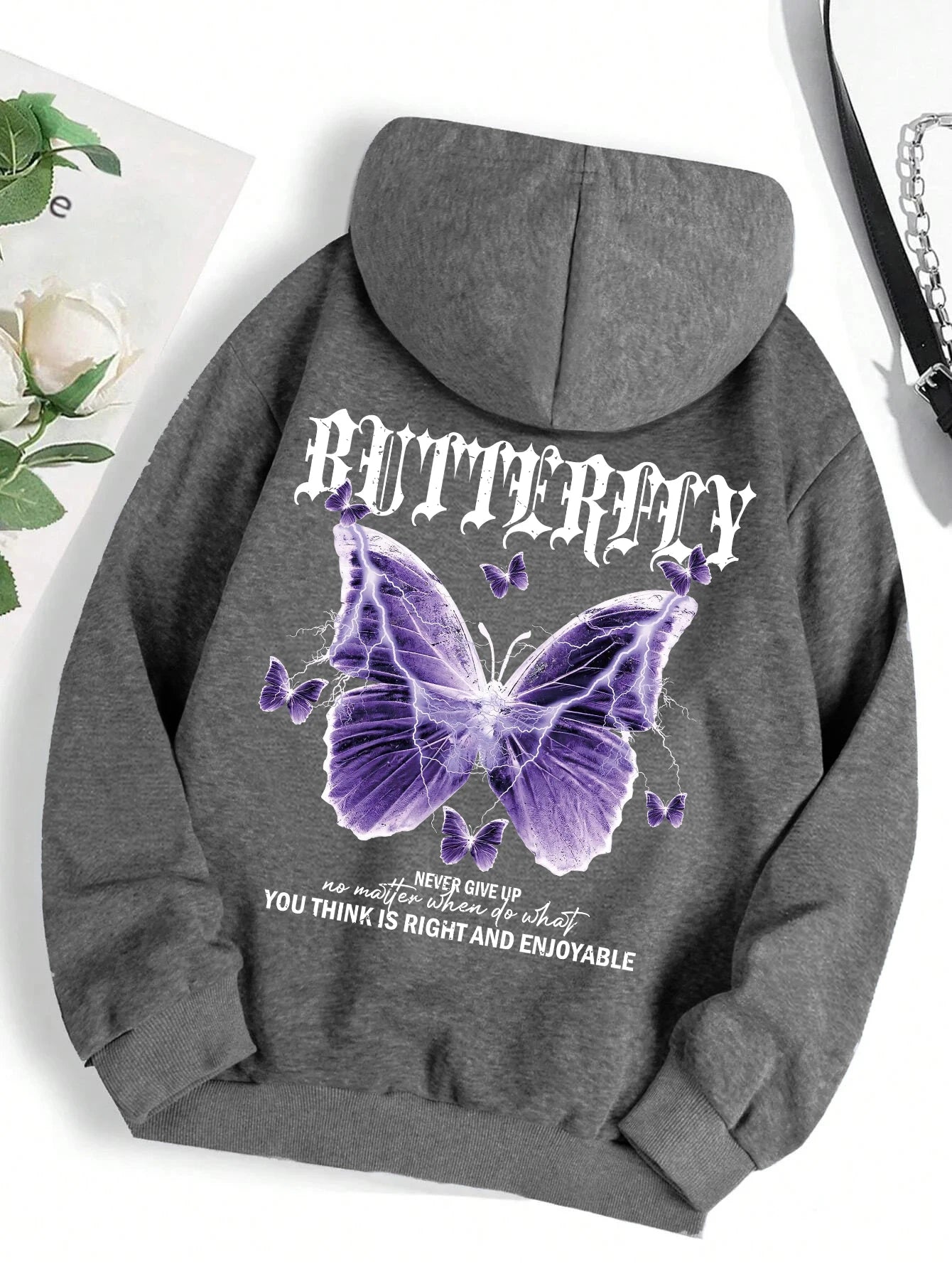 Purple Butterfly Print Hoodie – Women’s Fleece Pullover with Pocket | Casual Autumn Streetwear