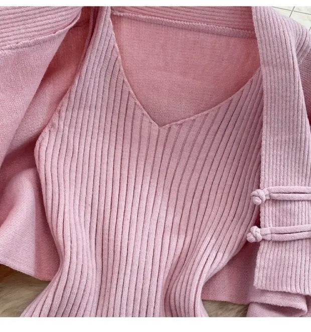 Solid Color Knitwear Set Lace up New Chinese Knitted Cardigan Women Sweater Coat Camisole Dress Two Piece Set Women Outfits