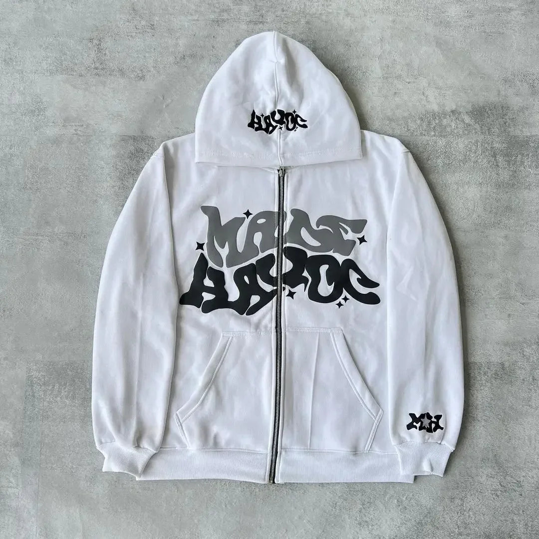 Vintage woman’s Zip-Up Hoodie – Retro Y2K Unisex Oversized Sweatshirt with Foam Letter Design