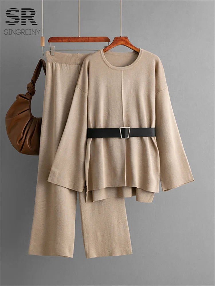 SINGREINY Autumn Fashion Knit Loose Suits Women O Neck Belt Design Pullovers+Wide Legs Long Pants Winter Causal Thick 2PC Set