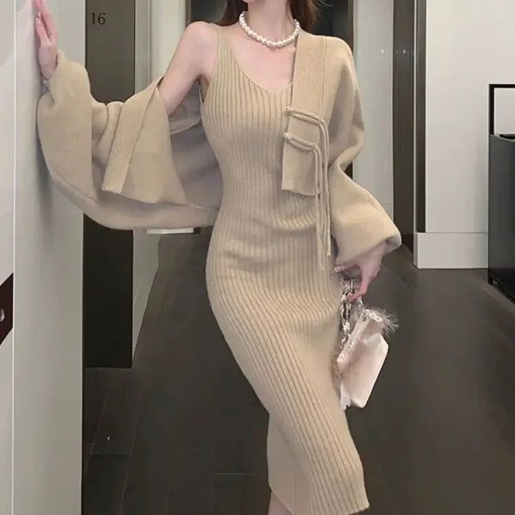 Solid Color Knitwear Set Lace up New Chinese Knitted Cardigan Women Sweater Coat Camisole Dress Two Piece Set Women Outfits