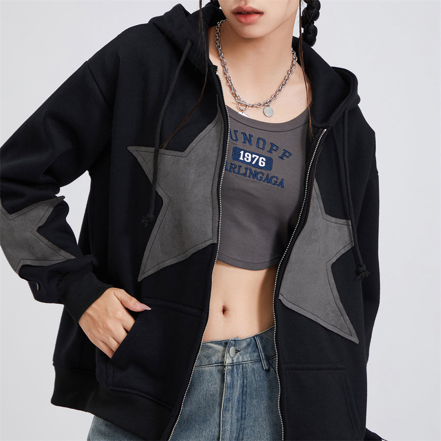 Vintage Star Print Women’s Zip-Up Hoodie – Harajuku Streetwear Outerwear
