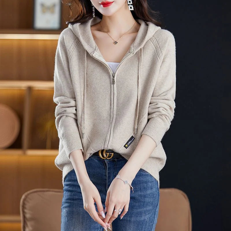 Women Knitted Sweater Cardigan Jacket 2025 New Solid Hooded Zipper Sweater Coat Female Knitwear Casual Tops Female Jackets