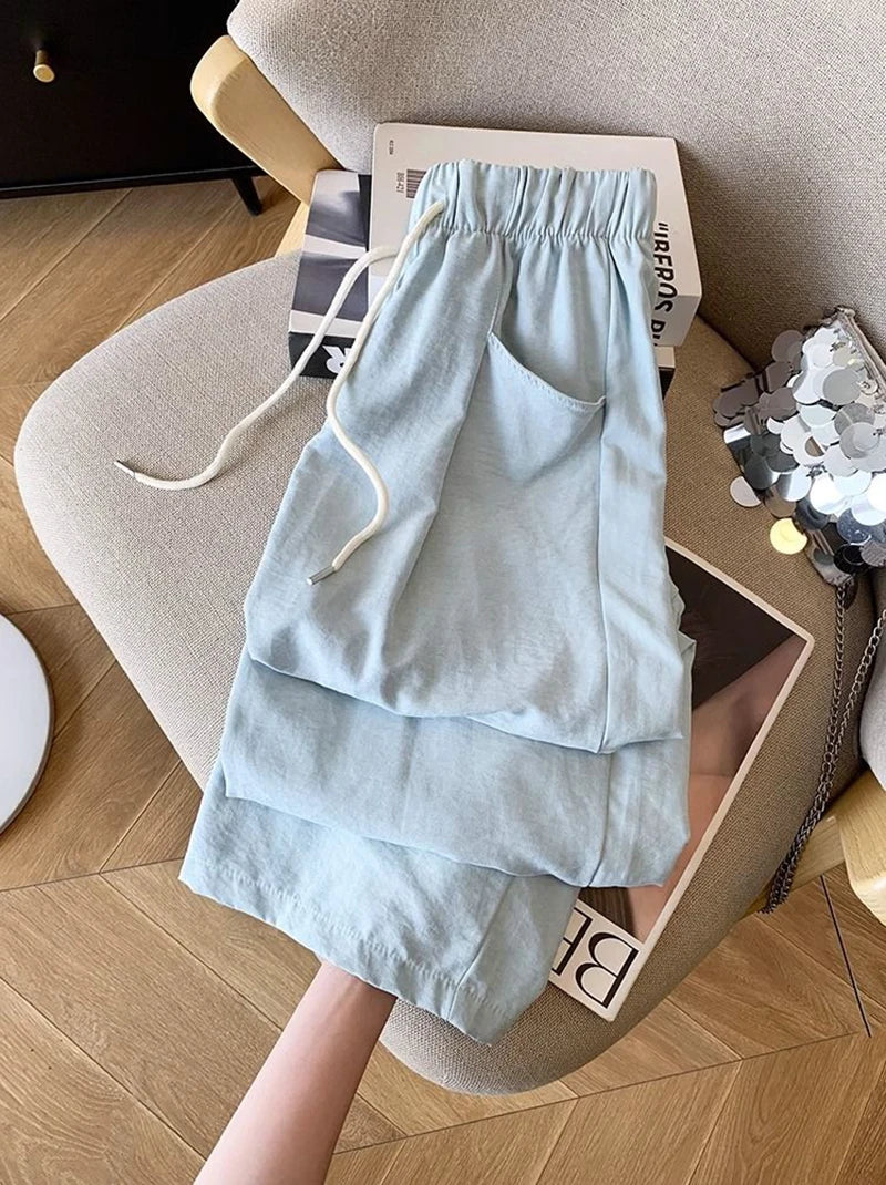 Japanese Casual Wide Leg Pants Women Summer High Waist Thin Loose Jogging Pants Y2K Baggy All Match Straight Trousers