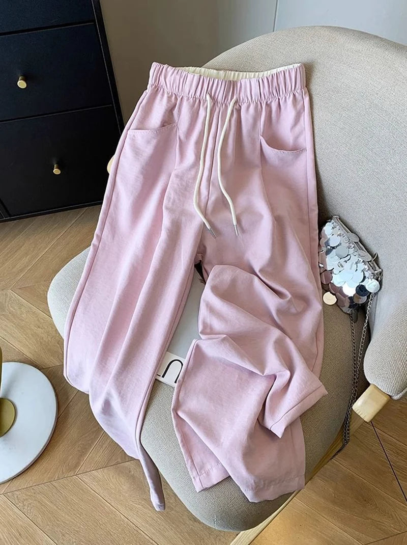 Japanese Casual Wide Leg Pants Women Summer High Waist Thin Loose Jogging Pants Y2K Baggy All Match Straight Trousers