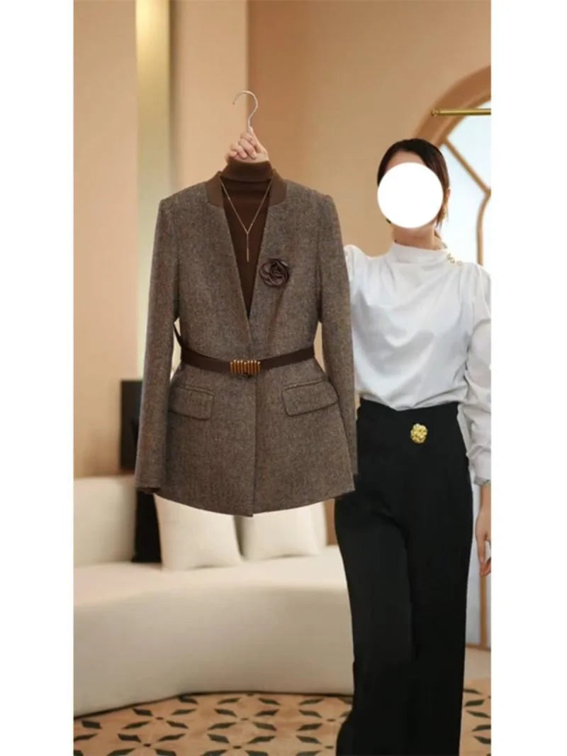 Plus Size 4XL High Quality Coffee colored Suit Jacket For Women Spring Outwear Fashion Simple Wool Coat Autumn Blazer With Belt