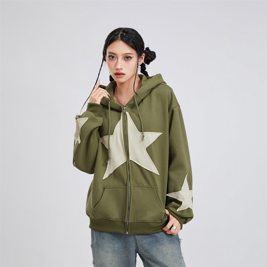 Vintage Star Print Women’s Zip-Up Hoodie – Harajuku Streetwear Outerwear