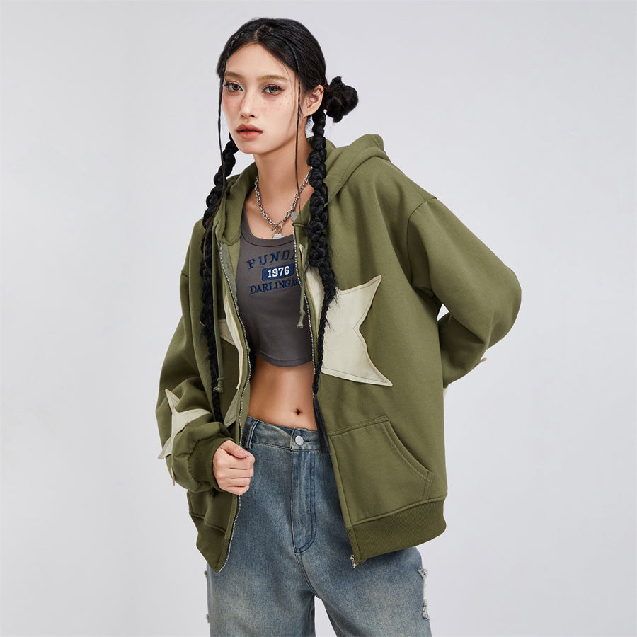 Vintage Star Print Women’s Zip-Up Hoodie – Harajuku Streetwear Outerwear
