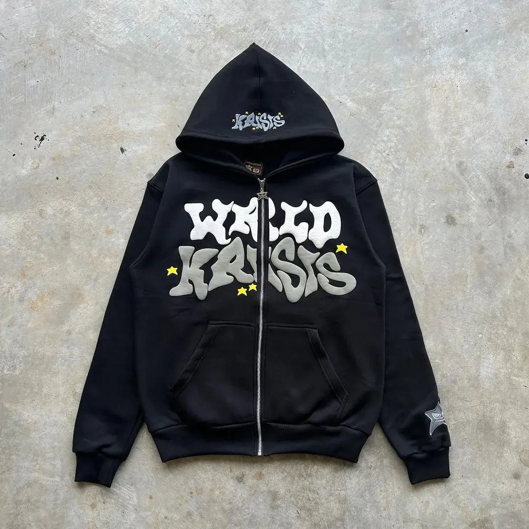 Vintage woman’s Zip-Up Hoodie – Retro Y2K Unisex Oversized Sweatshirt with Foam Letter Design