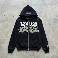 Vintage woman’s Zip-Up Hoodie – Retro Y2K Unisex Oversized Sweatshirt with Foam Letter Design