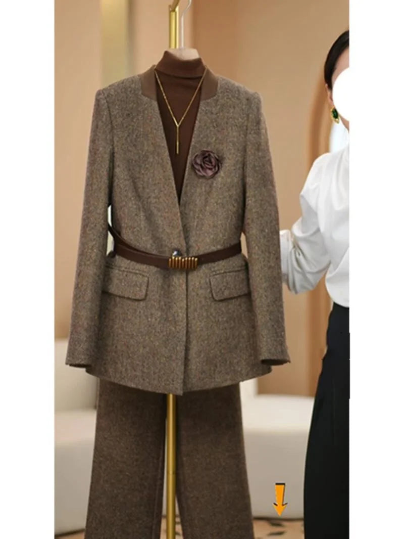 Plus Size 4XL High Quality Coffee colored Suit Jacket For Women Spring Outwear Fashion Simple Wool Coat Autumn Blazer With Belt