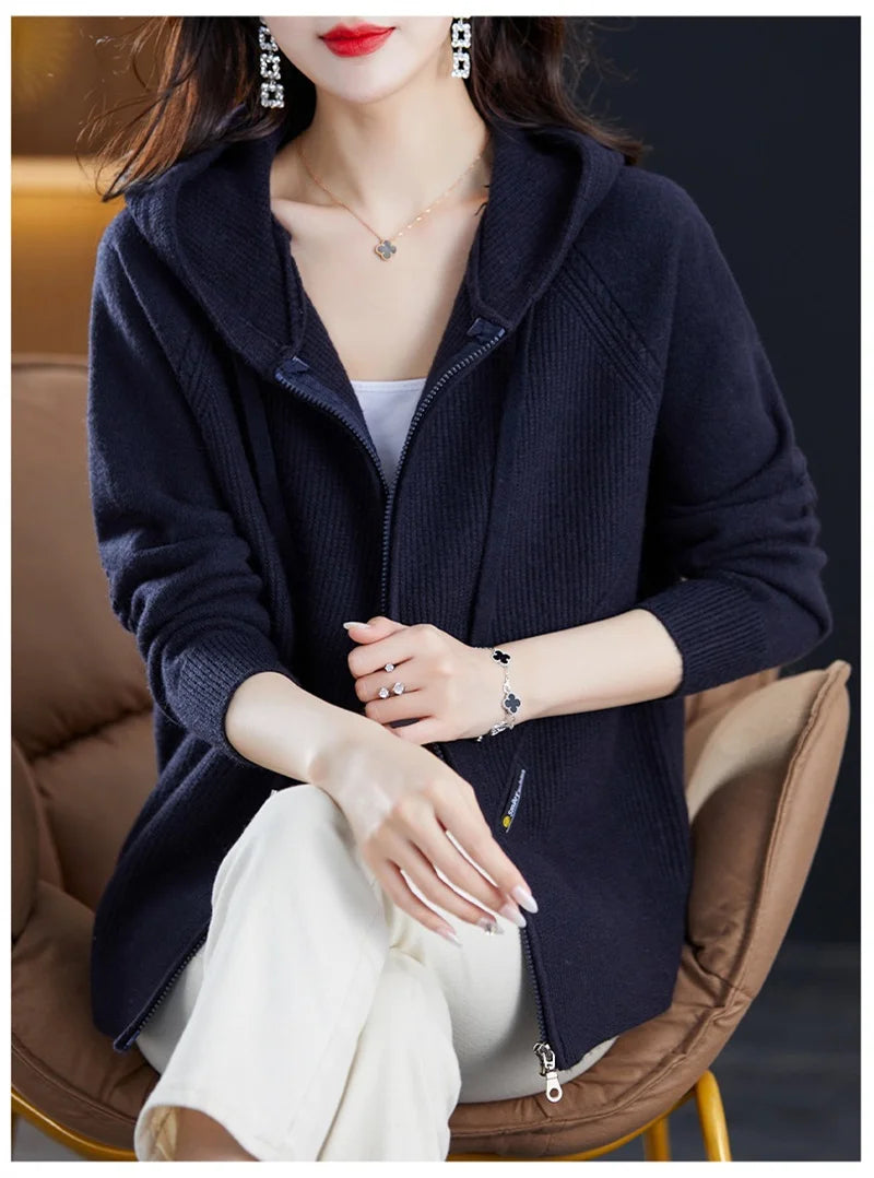 Women Knitted Sweater Cardigan Jacket 2025 New Solid Hooded Zipper Sweater Coat Female Knitwear Casual Tops Female Jackets