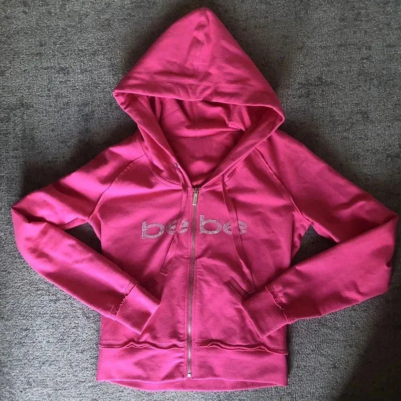 High Street Bling Rhinestone Hoodie – Women’s Y2K Pink Zip-Up Jacket