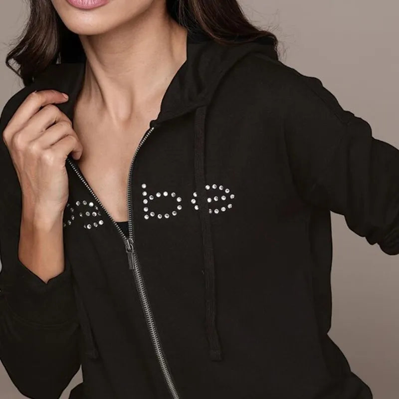 High Street Bling Rhinestone Hoodie – Women’s Y2K Pink Zip-Up Jacket