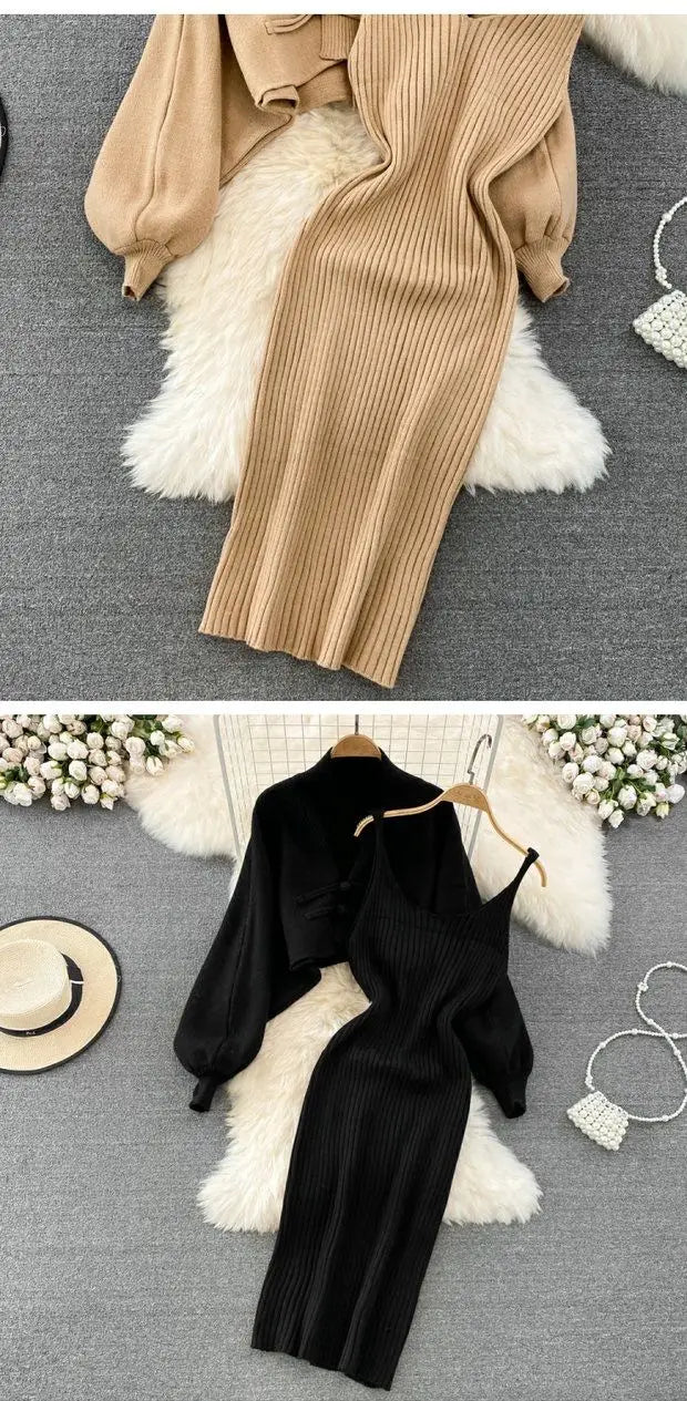 Solid Color Knitwear Set Lace up New Chinese Knitted Cardigan Women Sweater Coat Camisole Dress Two Piece Set Women Outfits