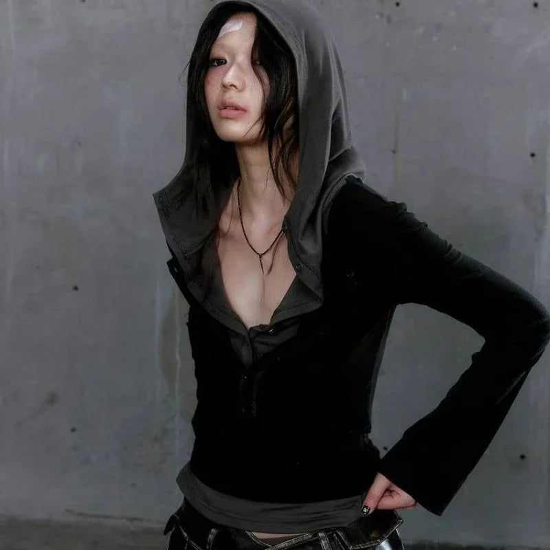 Y2k Aesthetic Fake Two Pieces Women T-shirt  Gothic Punk Vintage Casual Hooded Tshirts Grunge Letter Print Slim Fit Tees Femme