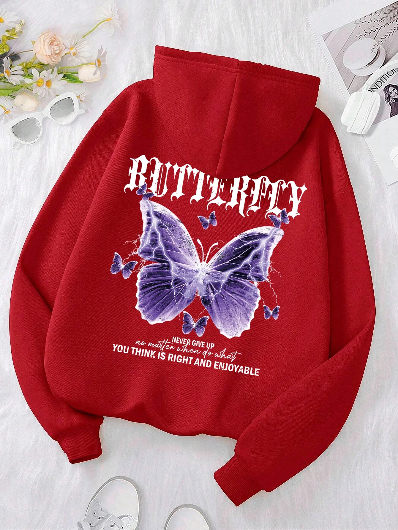 Purple Butterfly Print Hoodie – Women’s Fleece Pullover with Pocket | Casual Autumn Streetwear