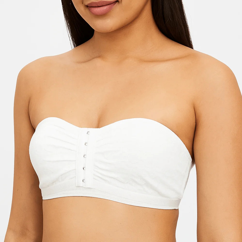 Pleated Front Button Strapless Lace Tube Top – Non-Slip Invisible Bra for Women