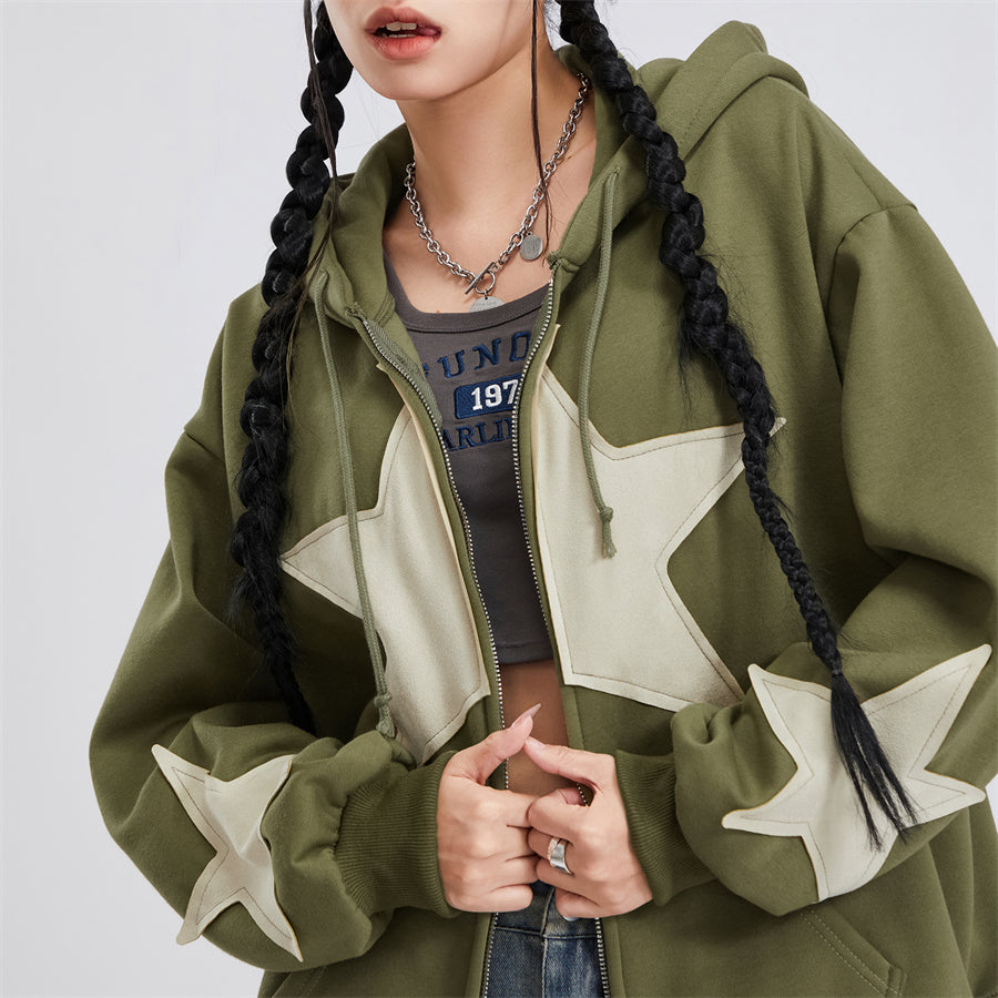 Vintage Star Print Women’s Zip-Up Hoodie – Harajuku Streetwear Outerwear