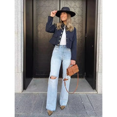 2025 Women’s Aviator Black Wool Blend Cropped Bomber Jacket – Casual Autumn & Winter Outerwear