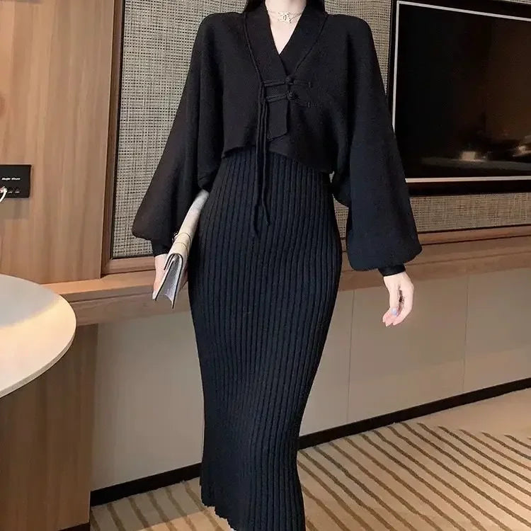 Solid Color Knitwear Set Lace up New Chinese Knitted Cardigan Women Sweater Coat Camisole Dress Two Piece Set Women Outfits