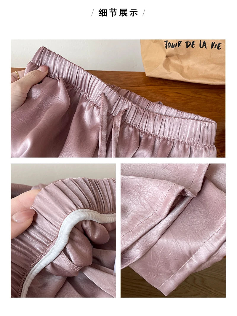 Spring Summer Satin Straight Trousers Fashion High Waist Acetic Acid Women's Pants Loose Casual Wide-leg Pants Women's