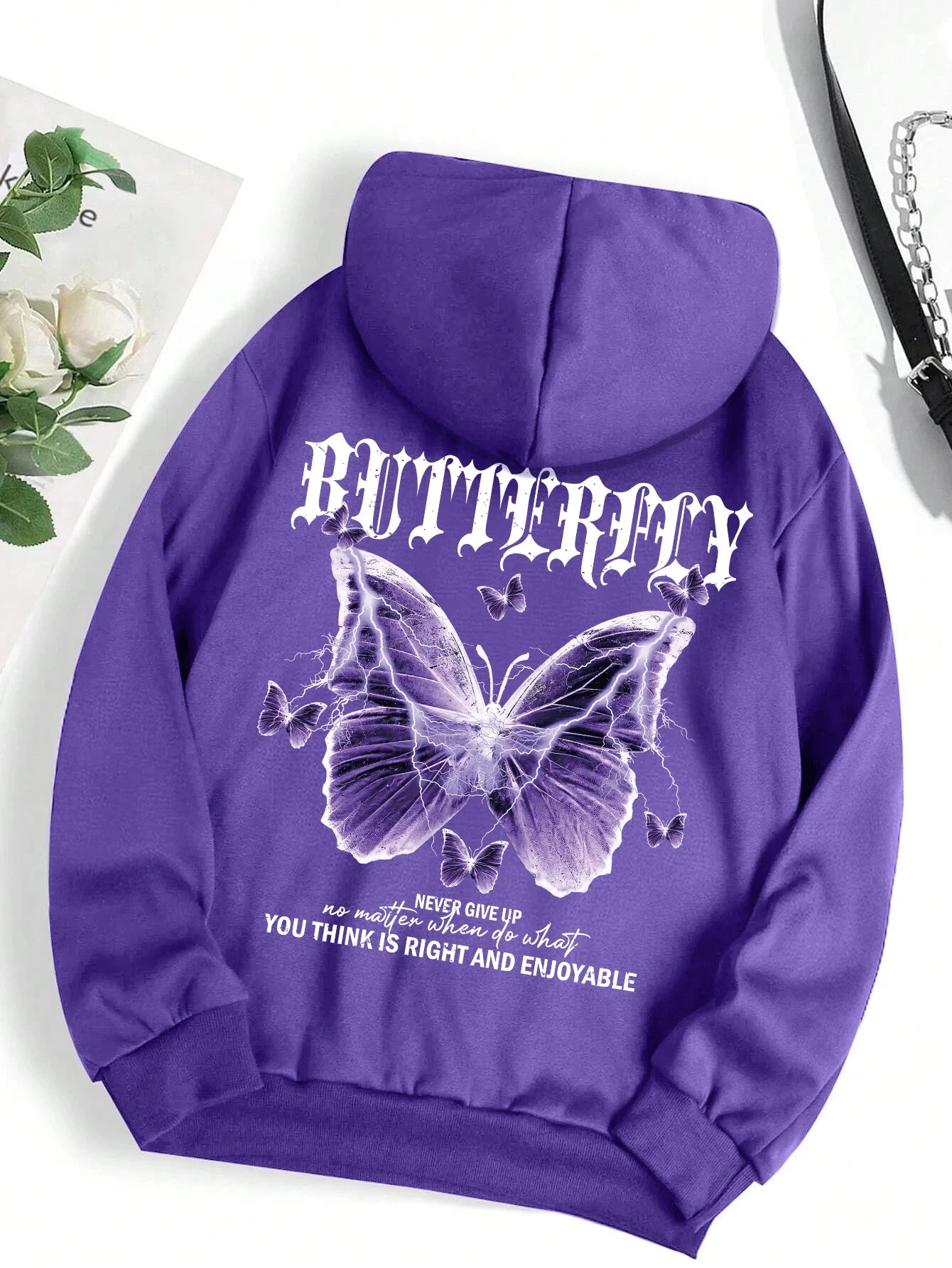 Purple Butterfly Print Hoodie – Women’s Fleece Pullover with Pocket | Casual Autumn Streetwear