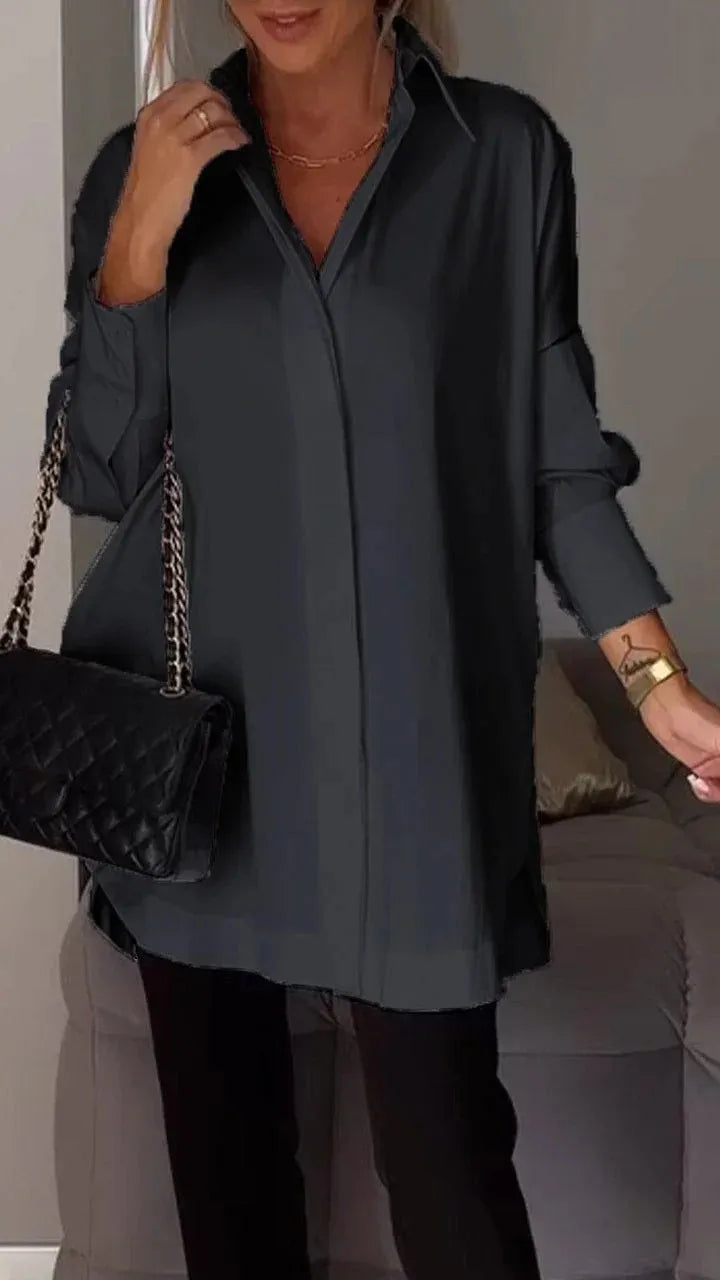 Women’s Loose Button Blouse – Summer Long Sleeve Shirt with Turn Down Collar Tops
