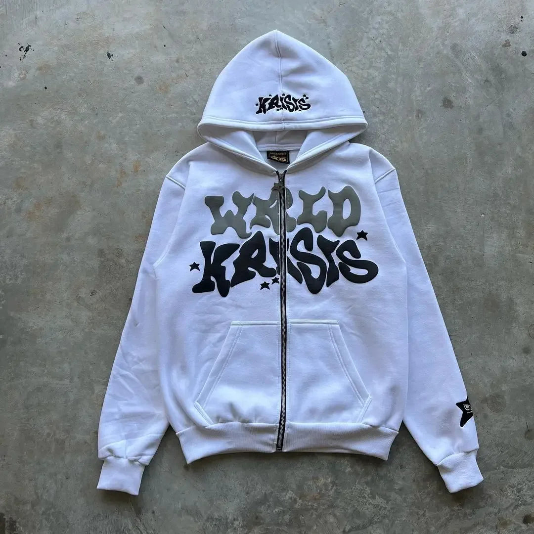 Vintage woman’s Zip-Up Hoodie – Retro Y2K Unisex Oversized Sweatshirt with Foam Letter Design