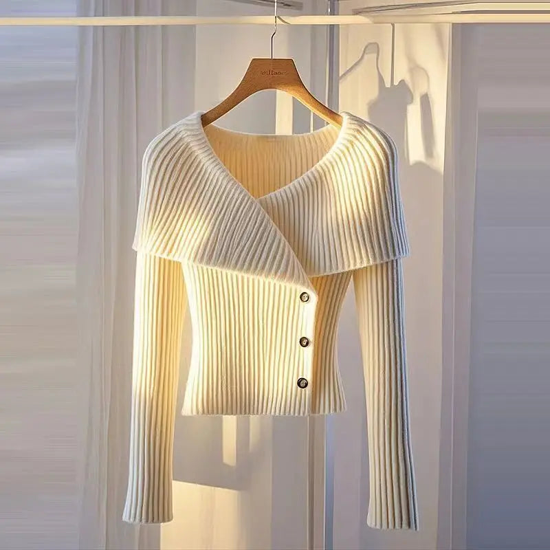 2025 Early Autumn New Temperament Solid Color Simple Knitted Sweater Cardigan Long Sleeve Slim Fit Crew Neck Chic Top