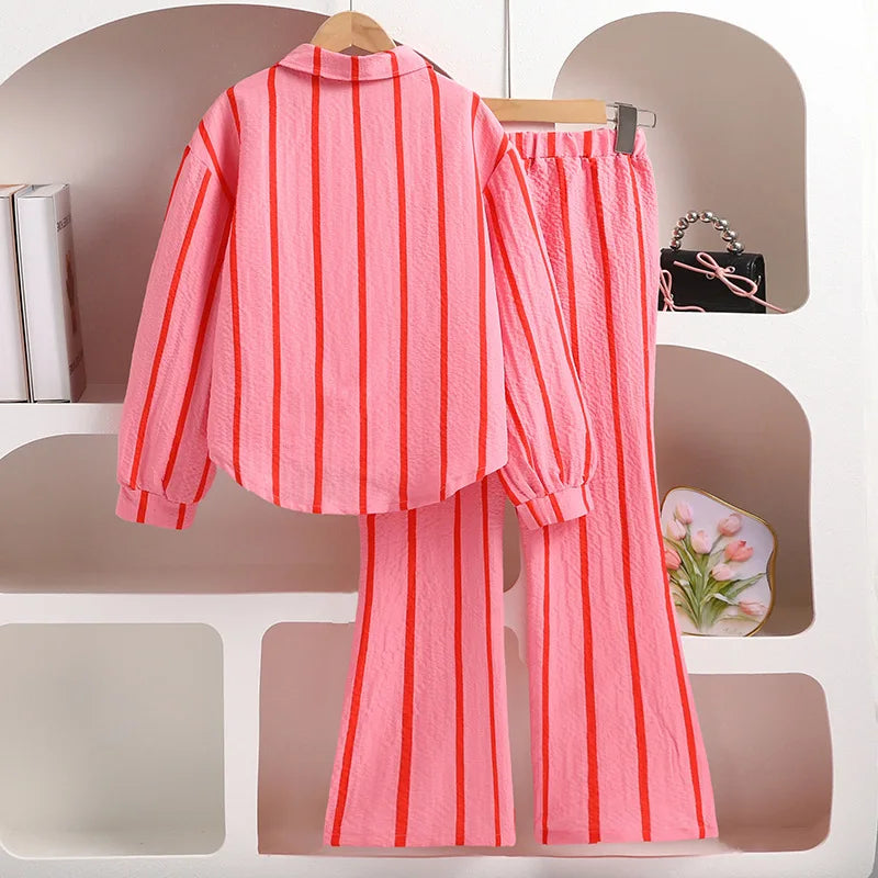 Girls’ Striped Fashion Clothing Set – Coat &amp; Long Pants (7–13 Years)
