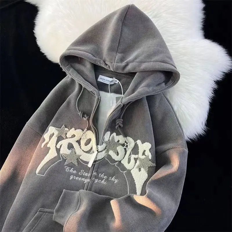 Y2k Zip Up Hoodie Women Autumn Retro Embroidered Letter Loose Long Sleeve Tops 2025 Casual Hooded Sweatshirts Harajuku Jackets