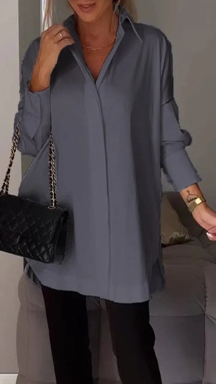 Women’s Loose Button Blouse – Summer Long Sleeve Shirt with Turn Down Collar Tops