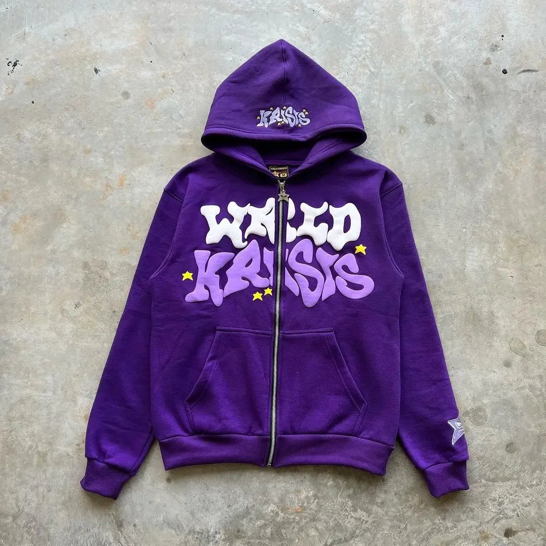 Vintage woman’s Zip-Up Hoodie – Retro Y2K Unisex Oversized Sweatshirt with Foam Letter Design