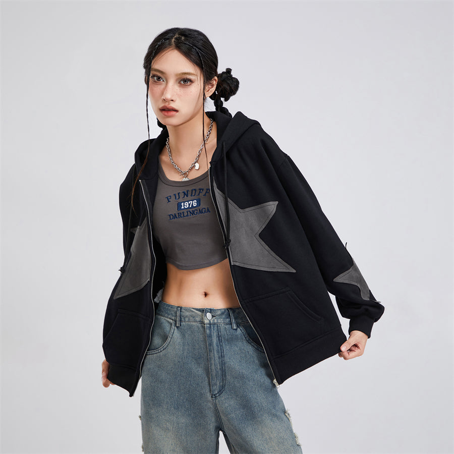 Vintage Star Print Women’s Zip-Up Hoodie – Harajuku Streetwear Outerwear