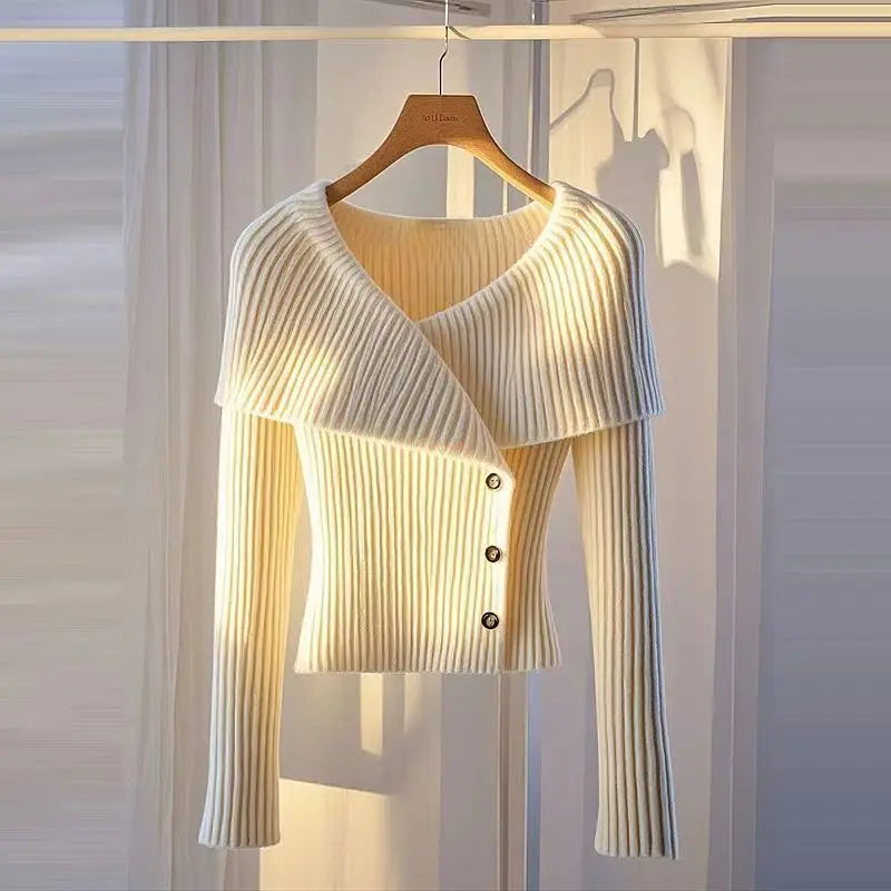 2025 Early Autumn New Temperament Solid Color Simple Knitted Sweater Cardigan Long Sleeve Slim Fit Crew Neck Chic Top