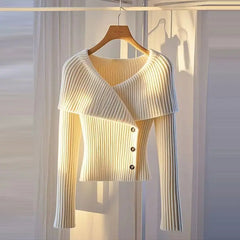 2025 Early Autumn New Temperament Solid Color Simple Knitted Sweater Cardigan Long Sleeve Slim Fit Crew Neck Chic Top