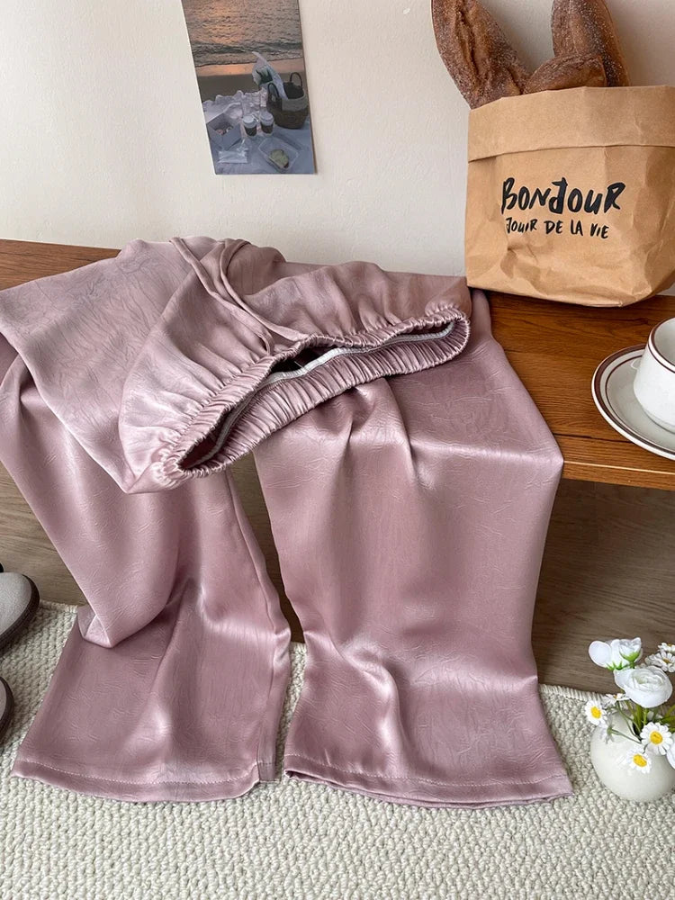 Spring Summer Satin Straight Trousers Fashion High Waist Acetic Acid Women's Pants Loose Casual Wide-leg Pants Women's