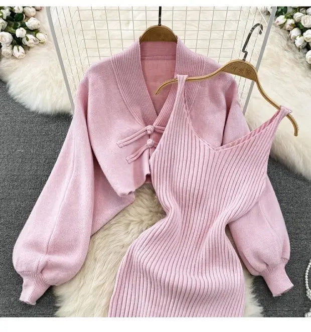 Solid Color Knitwear Set Lace up New Chinese Knitted Cardigan Women Sweater Coat Camisole Dress Two Piece Set Women Outfits