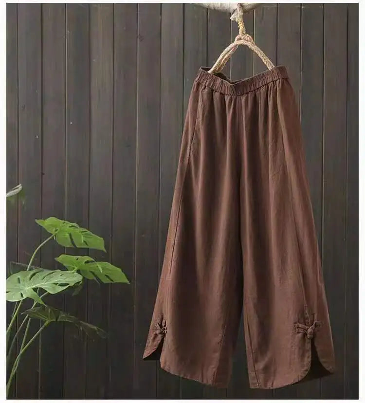 Cotton Linen Elastic Waist Wide Leg  Women Summer High Waist Vintage Loose Slimming Nine-Minute Pants Ethnic Style