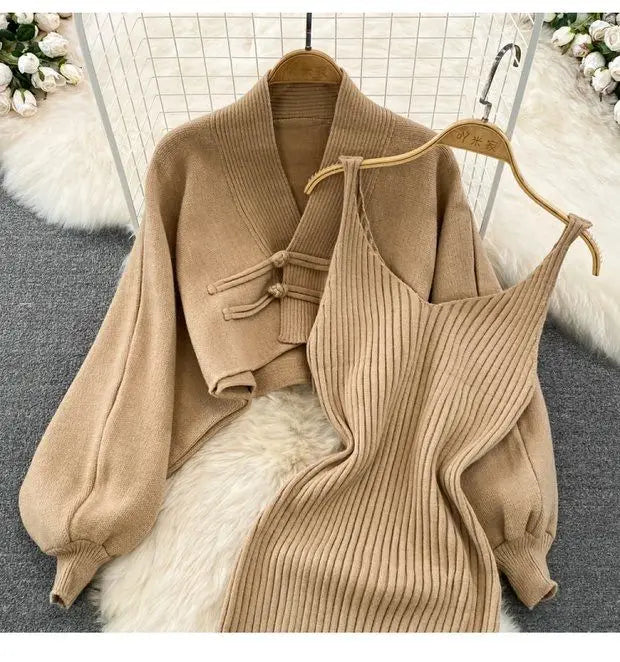 Solid Color Knitwear Set Lace up New Chinese Knitted Cardigan Women Sweater Coat Camisole Dress Two Piece Set Women Outfits