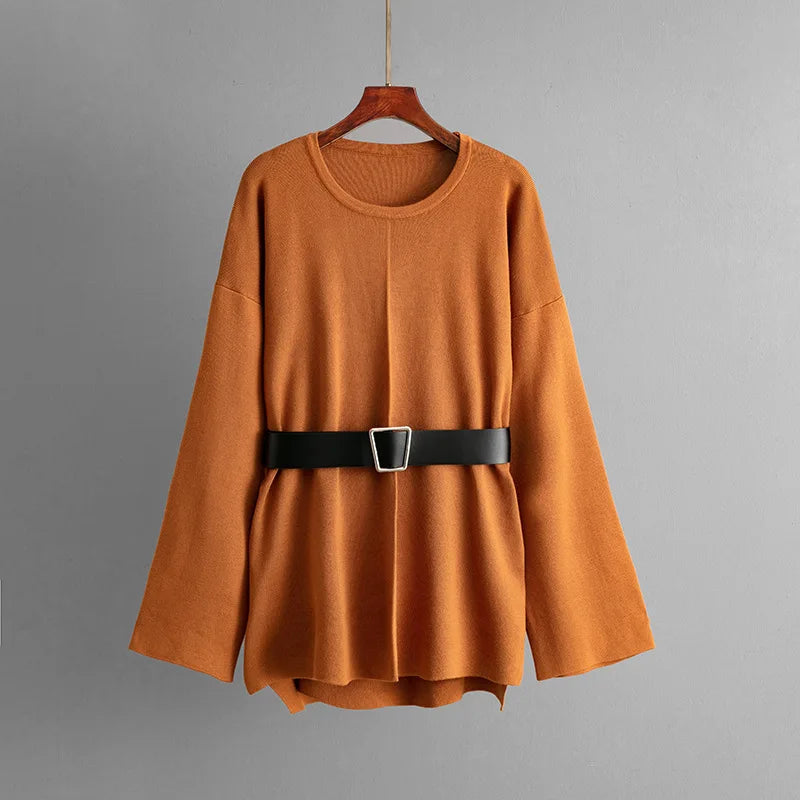 SINGREINY Autumn Fashion Knit Loose Suits Women O Neck Belt Design Pullovers+Wide Legs Long Pants Winter Causal Thick 2PC Set